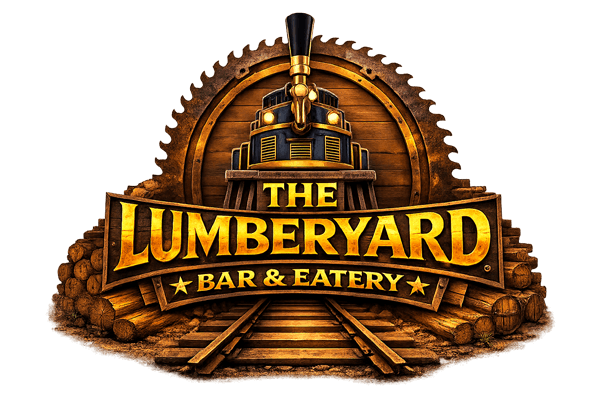 Logo with a train, saw blade, and The Lumberyard Bar & Eatery text in bold yellow letters.