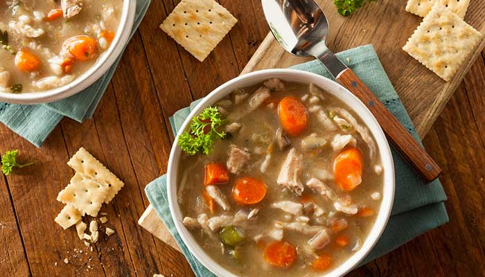 Homemade vegetable chicken noodle soup is regularly featured as the soup du jour at The Lodge of Spring Grove